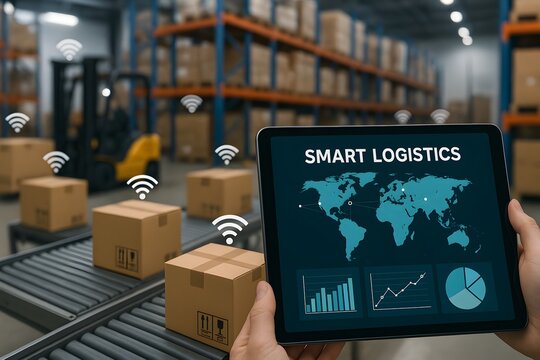 Smart logistics and digital transformation in a modern warehouse setting. 