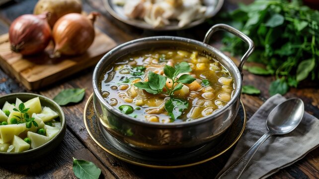 The national dish of Armenian cuisine. Aveluca soup with onions and peas. 