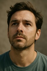 Fototapeta premium Thoughtful young caucasian male gazing upward in natural light