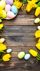 Easter eggs and flowers on wooden background