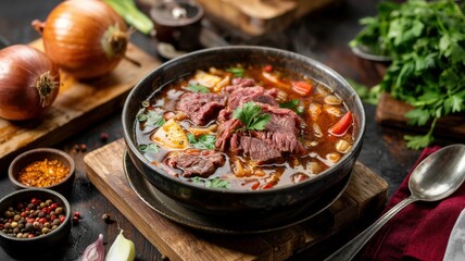 Fototapeta premium The national dish of Armenian cuisine. Onion soup in the Oriental style.
