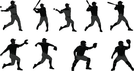 Baseball player silhouettes in action poses, batting, pitching, catching, CAD flat vector illustration