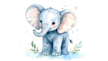Cute baby elephant watercolor art.