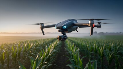 A drone flying over a lush green farm field, showcasing modern agriculture and technological innovation.