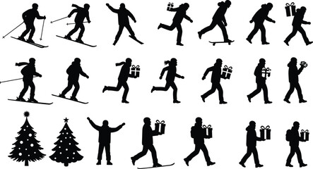 Winter activities gift giving Christmas trees, festive icons, skiing, CAD flat vector illustration