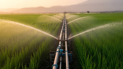 An irrigation system watering a vibrant green rice field.