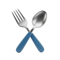 Shiny metal fork and spoon crossed together with blue handles isolated on a plain background transparent background