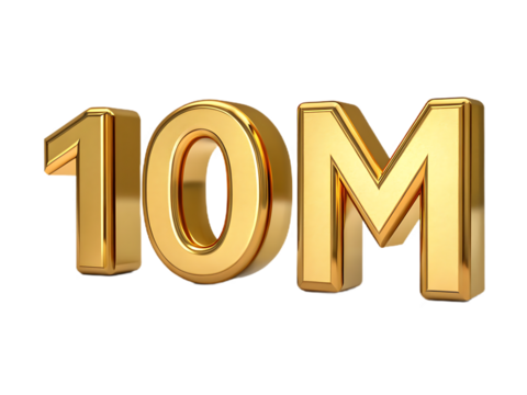 Golden 10 million number with m letter isolated on transparent background