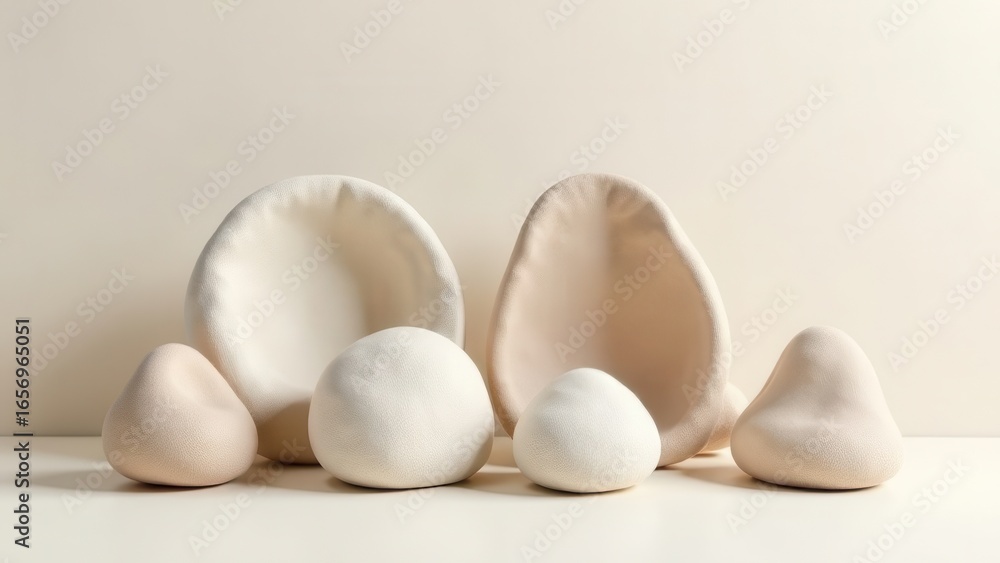 Poster beige and white textured decorative objects of varying shapes and sizes arranged on a white surface 