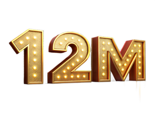 Vintage marquee numbers 12m with illuminated bulbs isolated on transparent background