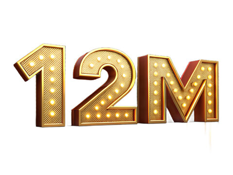 Vintage marquee numbers 12m with illuminated bulbs isolated on transparent background