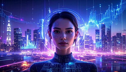 A futuristic woman gazes out over a vibrant, neon-lit city, overlaid with digital data streams and glowing holographic elements.