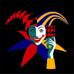 The smyling head of the Joker in a mask and multicolored fool's cap with bells holding a playing card in his hand isolated on black. Vector illustration in flat style