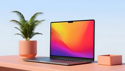 Photo of modern laptop with colorful screen and potted plant on desk