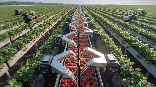 Robotic arms harvest ripe strawberries in an expansive field.