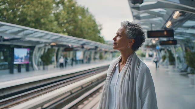 A middle-aged white woman wearing a smart-casual outfit walking along a platform with a levitating train arriving. Open-air station with futuristic architecture and greenery