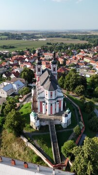 Aerial drone view of Pilgrimage Church of St. Mary Help of Christians, Luže, Czech Republic
