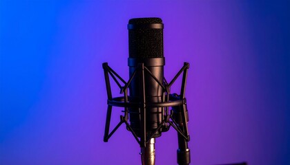 microphone against a vibrant gradient backdrop.