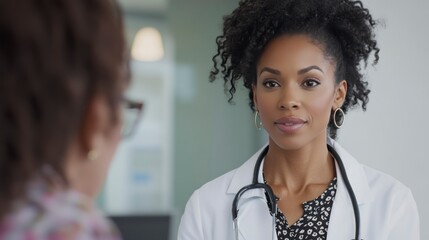 Black woman doctor consulting patient in medical office setting  