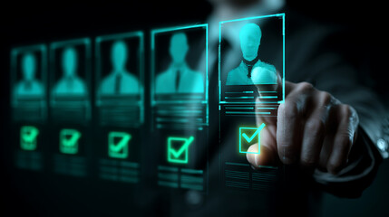 Human selecting candidate profile on digital screen human resources digital recruitment