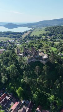 Aerial drone view of Div&iacute;n Castle ruins, Slovakia
