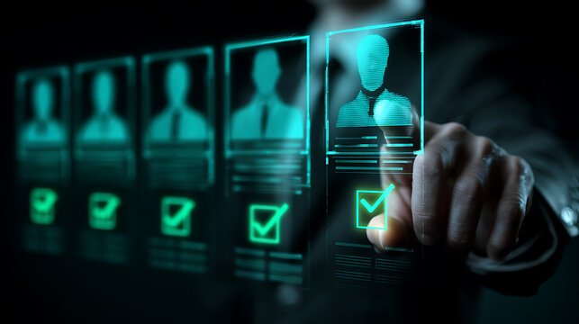 Human selecting candidate profile on digital screen human resources digital recruitment