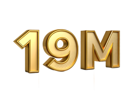 Golden 19 million number with m letter isolated on transparent background