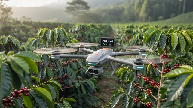 A drone surveying coffee plantation.