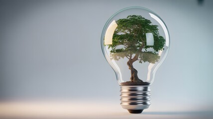 Eco-Innovation: A vibrant tree flourishes within a lightbulb, representing the fusion of innovation and environmental consciousness, highlighting sustainability and renewable energy.