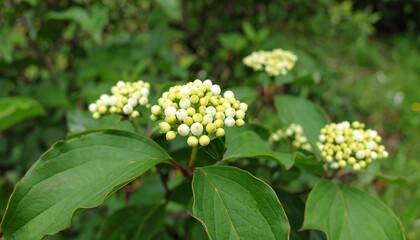 Clusters of delicate white and pale yellow flower buds on a leafy plant.