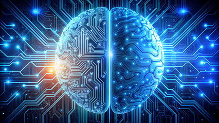Abstract digital illustration of a glowing blue human brain formed from intricate circuitry and glowing data streams representing artificial intelligence and neural networks