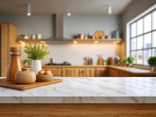 Marble Kitchen Countertop Still Life Wooden Accents and Herbs, Kitchen Interior, Mockup Kitchen Design, Food Photography