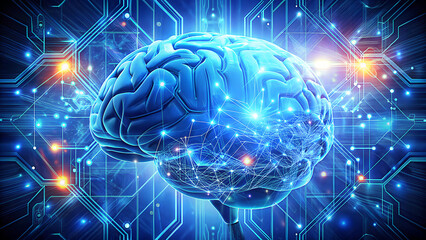 An illuminated digital fractal human brain glows in a futuristic network, representing a global communication concept