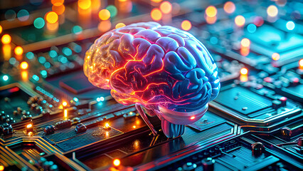Futuristic glowing human brain model integrated with advanced microchip circuitry representing artificial intelligence and technological innovation