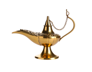 Antique Brass Magic Lamp Above Sunset Clouds, Isolated