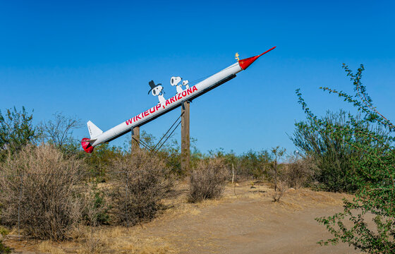 Rocket with Peanuts characters on the north end of the road through Wikieup Arizona