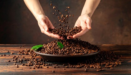 Coffee beans cascade gracefully into a dark bowl, beautifully showcasing the rich, roasted grains.