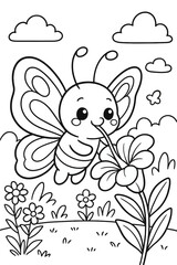 Fototapeta premium Adorable butterfly sipping nectar from a flower in a garden illustration