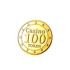Photo of gold coin with the words Casino 100 Token isolated on transparent background