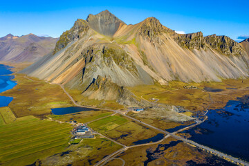 Aerial Majesty of Vestrahorn over Stokksnes Black Sand Beach