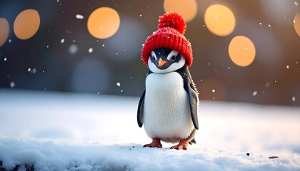 Adorable penguin wearing a red hat in the snow.