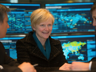 A middle-aged woman confidently presents innovative technology to an engaged audience in a modern conference room setting