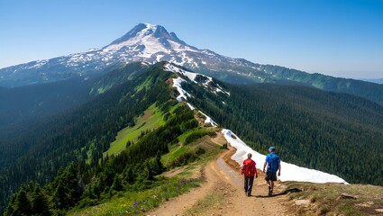 Obraz premium Photo of hikers on a mountain ridge trail with a snowcapped peak