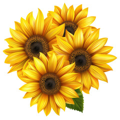 Fototapeta premium Close-up of three vibrant sunflowers in a cluster, with a rich yellow color and dark brown centers. Detailed petals and green leaves are visible