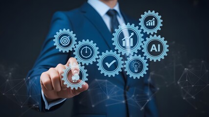 Efficiency and Innovation: A suited individual touches a network of interconnected gears, symbolizing process optimization, innovation and the power of artificial intelligence in business.