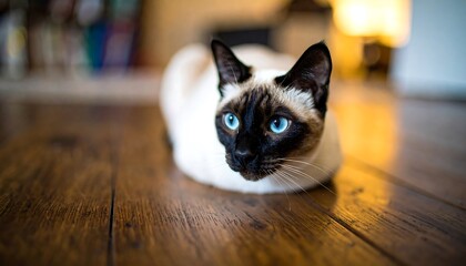 A siamese cat lies on a wooden floor.
