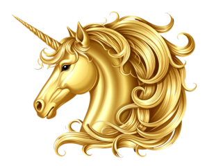 Golden Unicorn Head Side Profile with Detailed Mane, Isolated PNG.