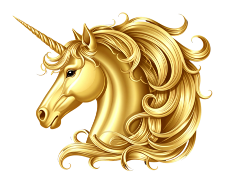 Golden Unicorn Head Side Profile with Detailed Mane, Isolated PNG. - Powered by Adobe
