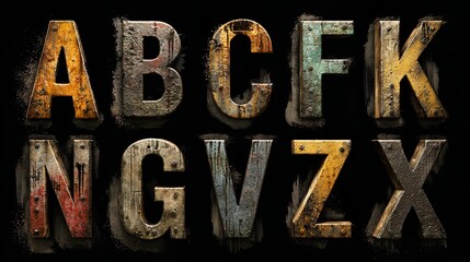 Distressed Metallic Alphabet A tribute to aged industry with textured metal and rivets on a black