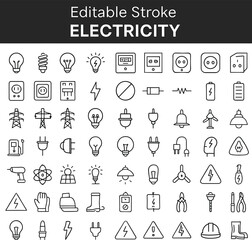 Electricity line icon set, energy, power supply, sockets, plugs, light bulb, battery, voltage, safety, renewable energy, editable stroke.
